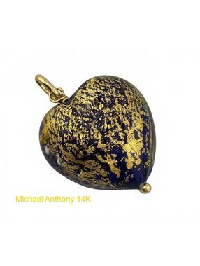 Michael Anthony 14K Gold Blue Murano style Glass Gold Foil Puffy Heart Pendant